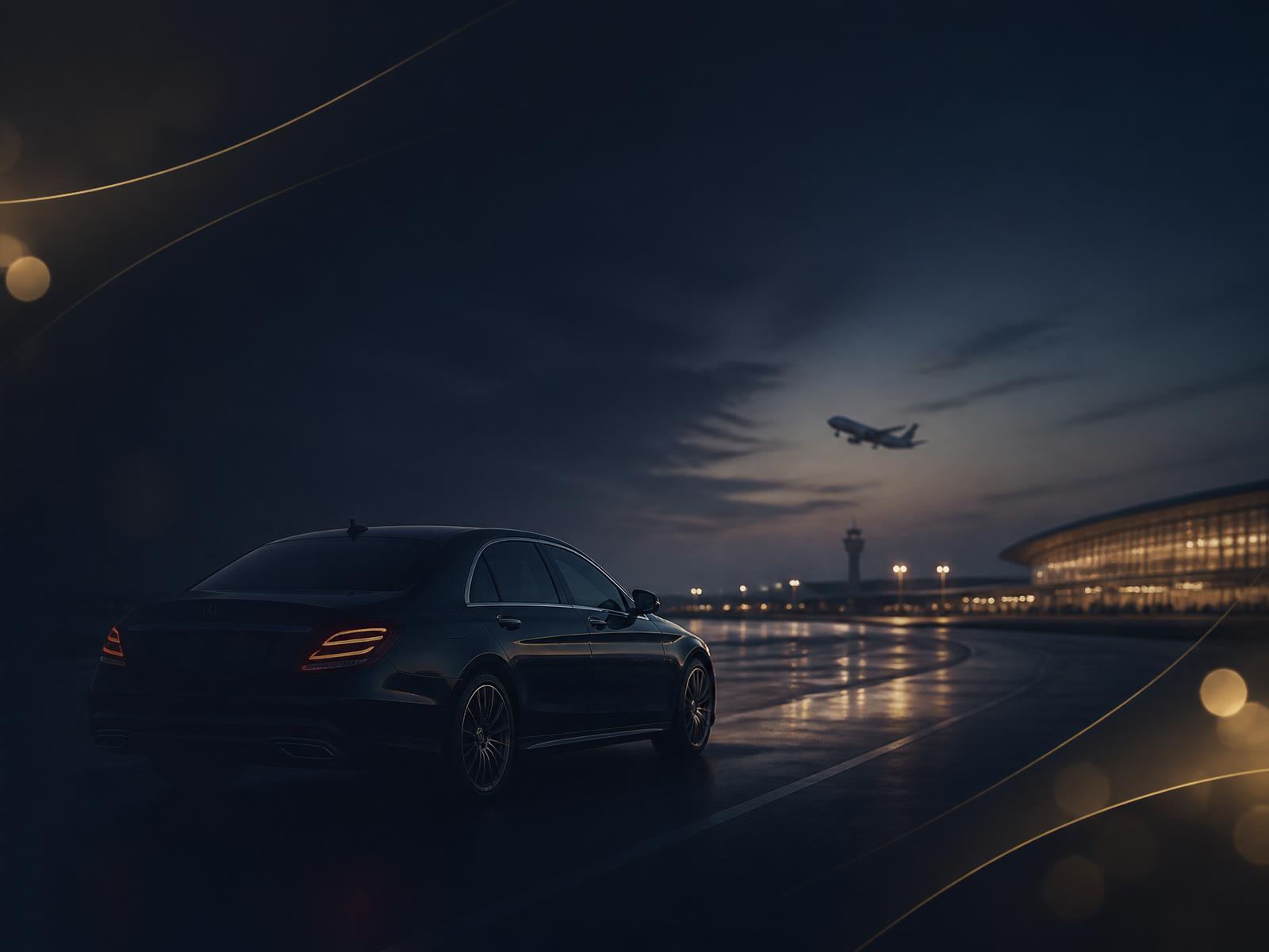 Zwarte Mercedes-limousine op weg naar een luchthaventerminal bij schemering