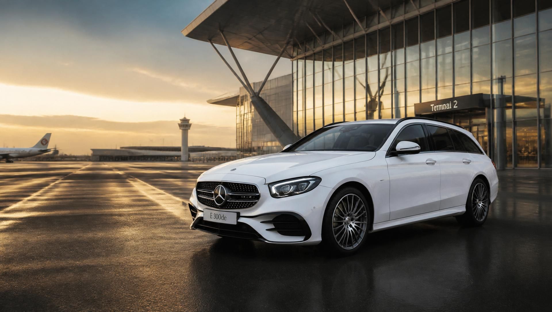 Witte Mercedes E 300de break voor een luchthaventerminal